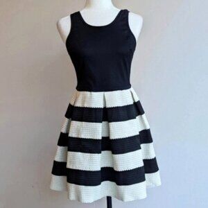 L'atiste by Amy textured pleated black & white striped colourblock a-line Dress